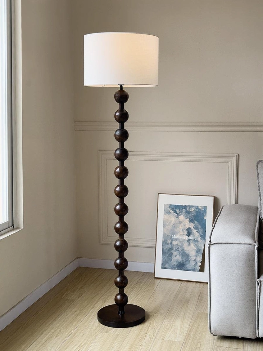 Barbell wooden floor lamp accomodates 40W incandescent or LED bulb