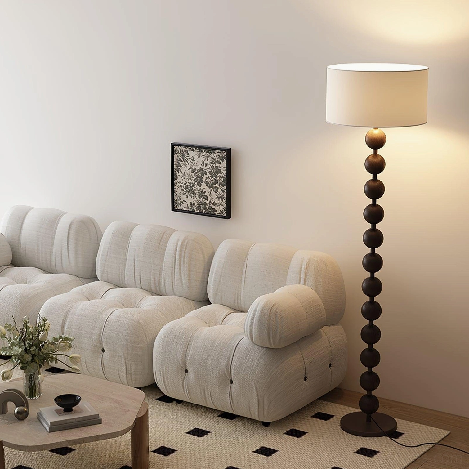 Barbell wooden floor lamp paired with mid-century furniture arrangement