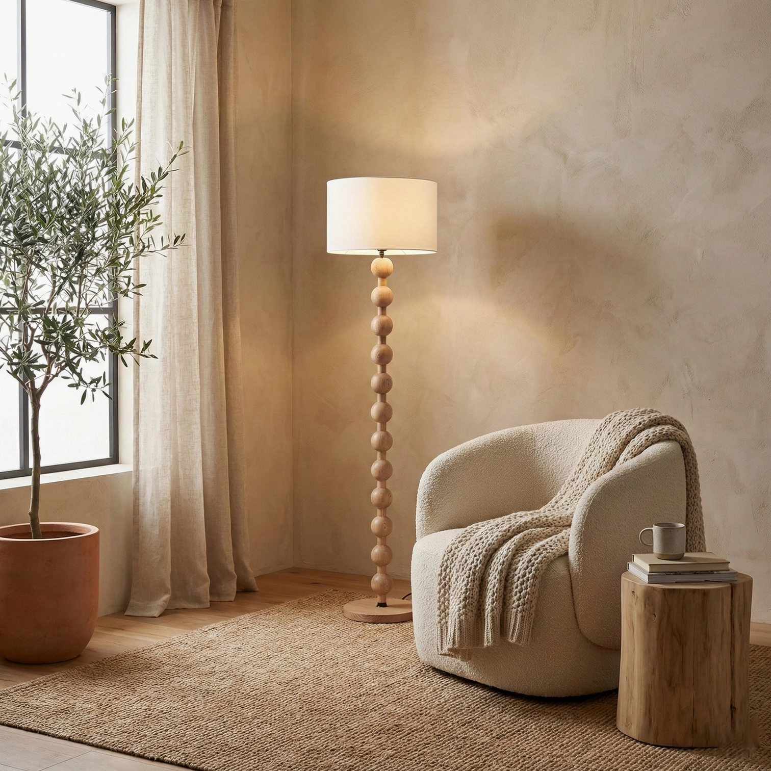 Natural light wood barbell floor lamp next to window with sheer curtains and plant