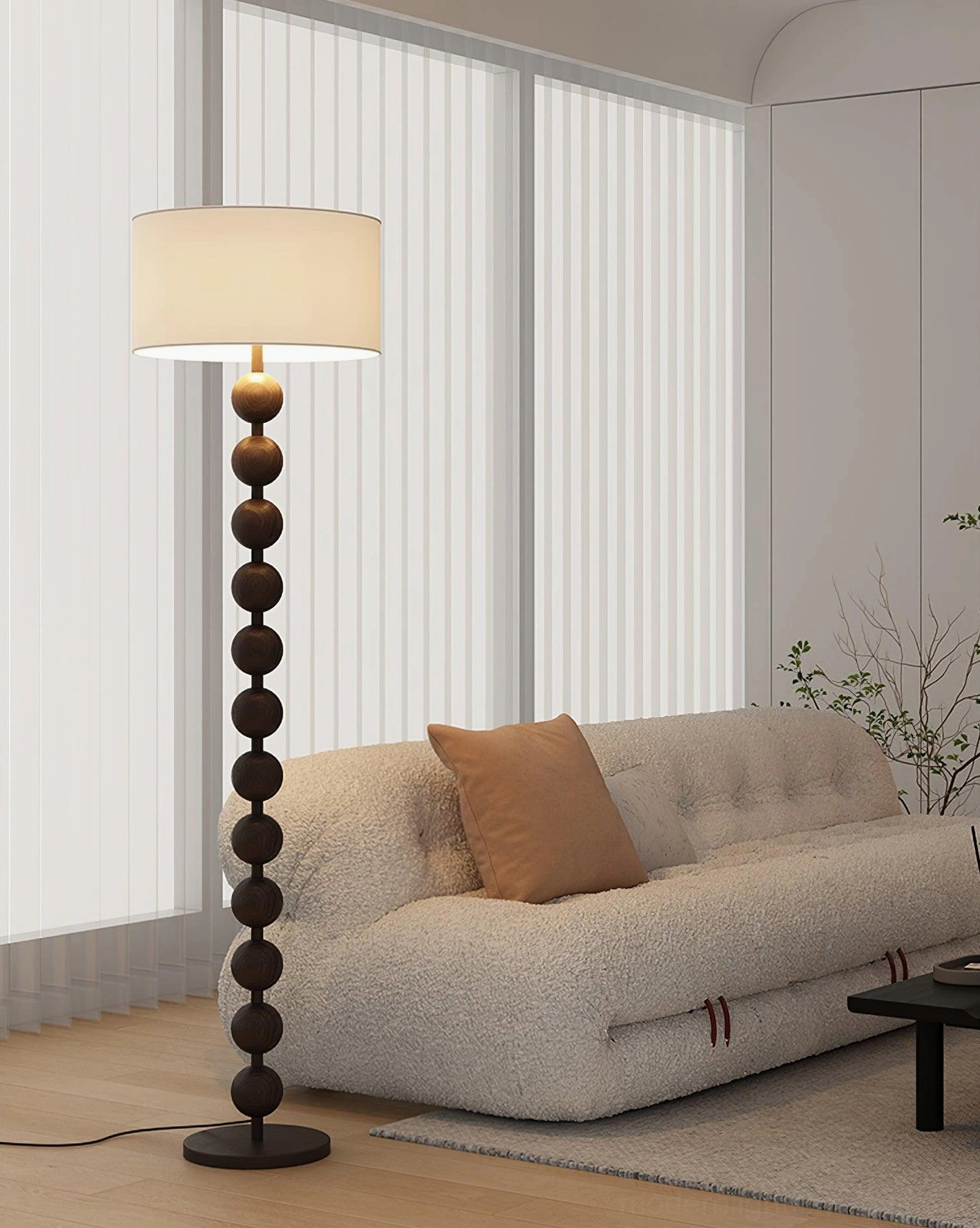 Barbell floor lamp natural wood color light honey tone finish