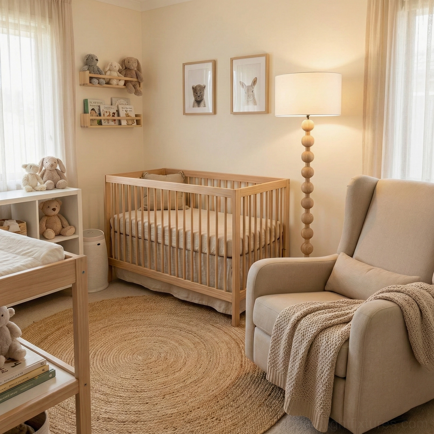 Natural wood barbell floor lamp in nursery beside rocking chair and baby crib