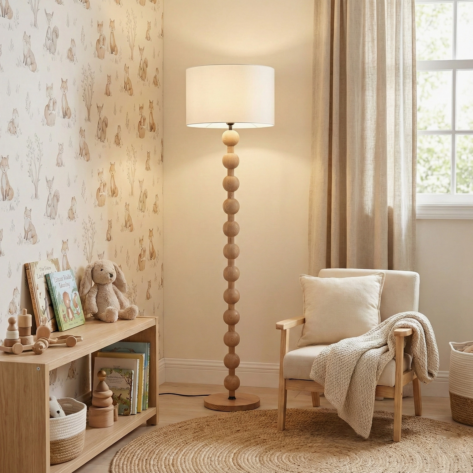 Brown wood barbell floor lamp beside shelf and accent wallpaper in child friendly space