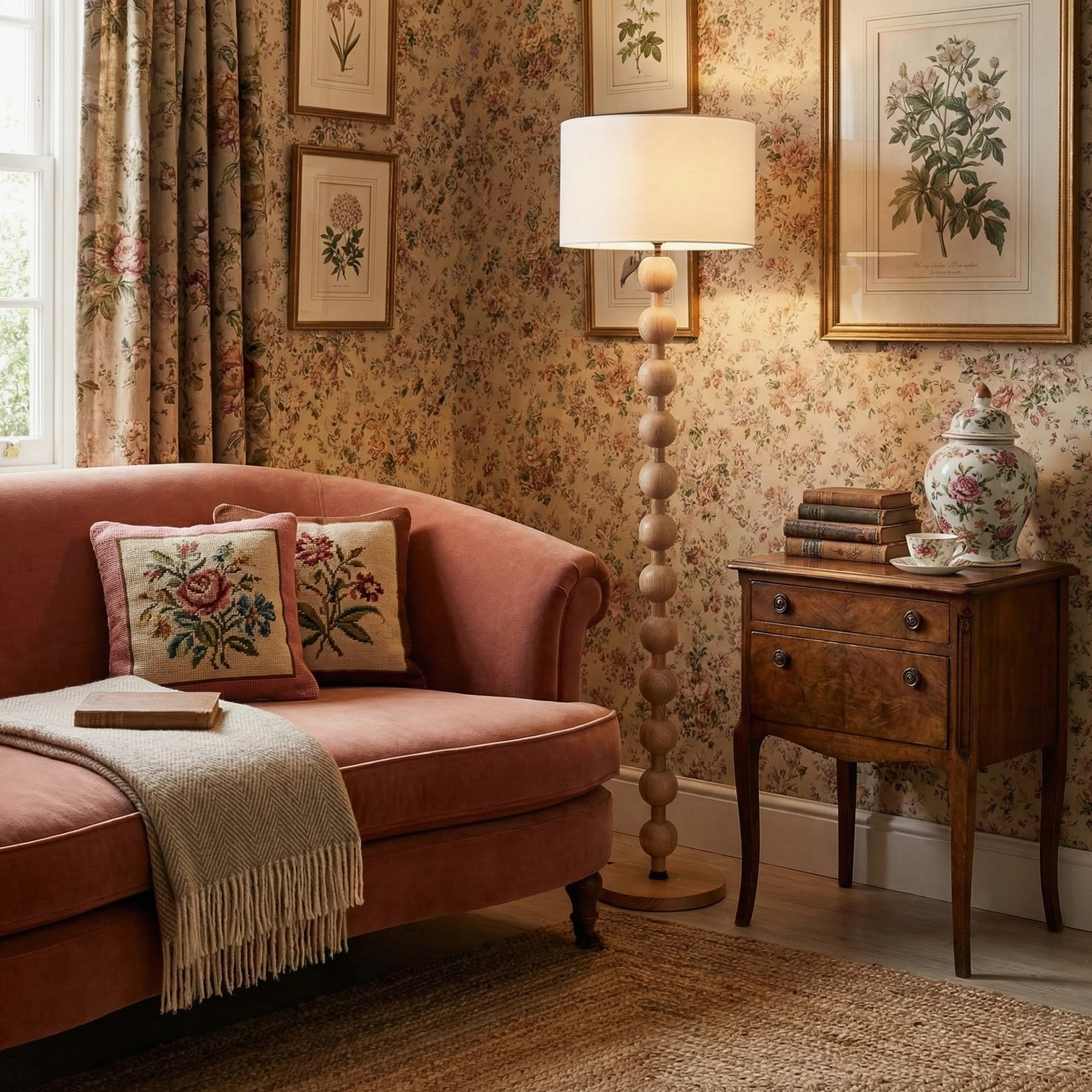 Barbell wood floor lamp with spherical stacked design and fabric shade
