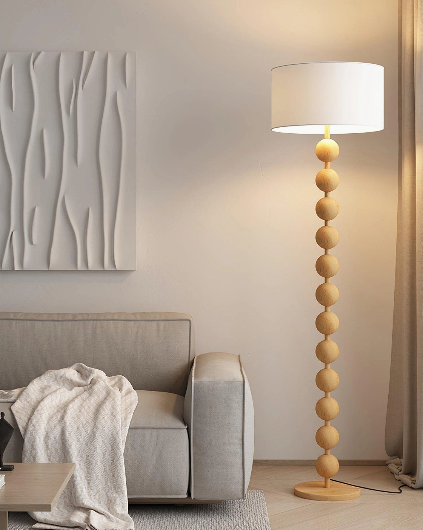 Natural wood barbell floor lamp contemporary sculptural art light