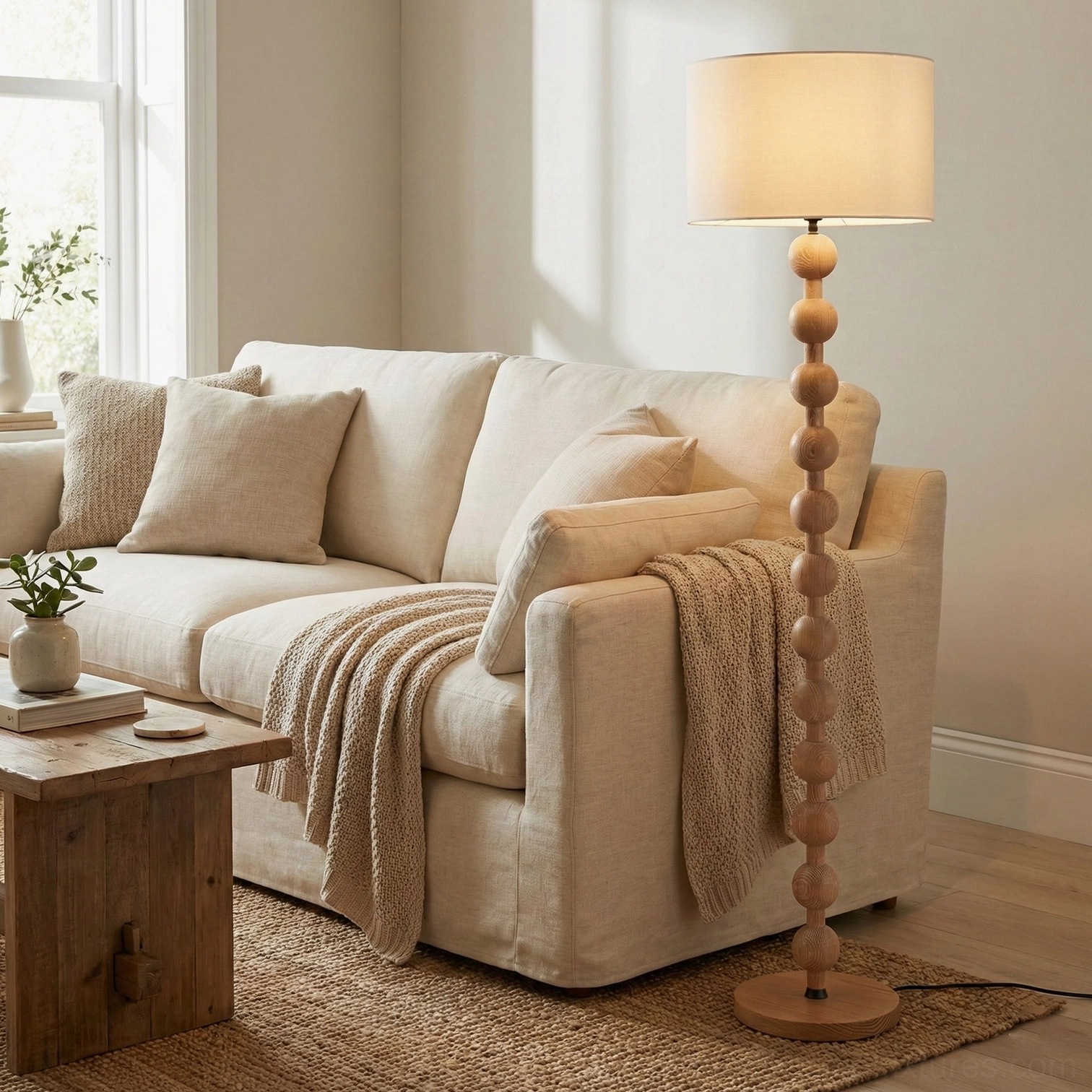 Barbell floor lamp fabric shade close up showing warm light diffusion