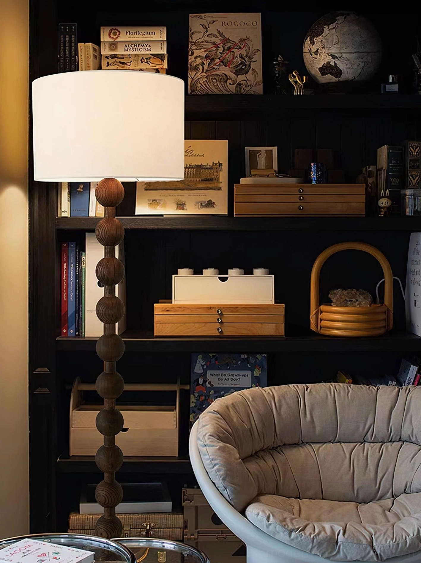 Walnut barbell floor lamp stacked sphere vertical composition design