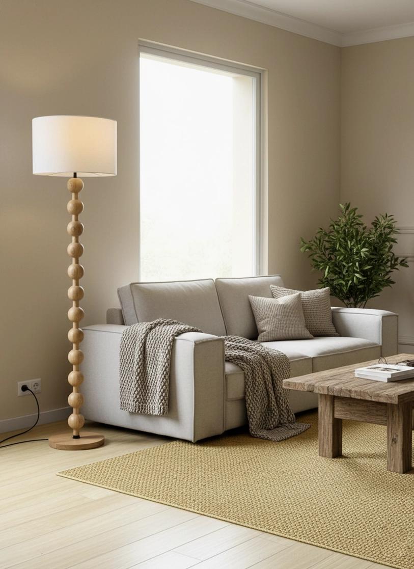 Handcrafted barbell floor lamp showing wood grain detail and turning craftsmanship