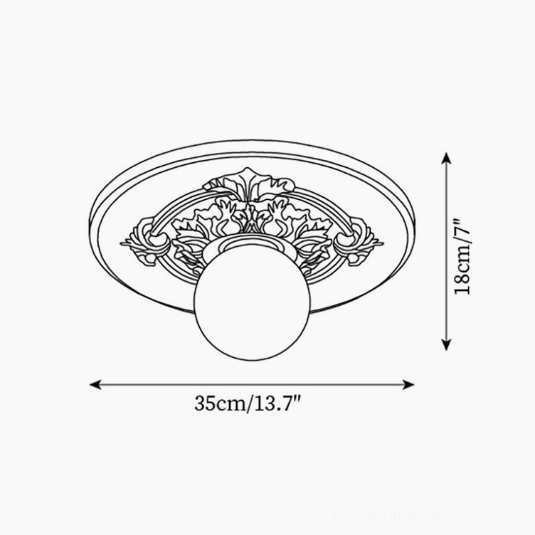Technical orthographic view of baroque style floral carved resin ceiling light 35cm diameter