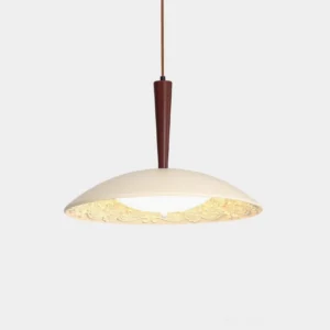 Baroque Halo pendant light with ornamental relief interior, front low-angle view showing cream resin dome and wooden top accent rod