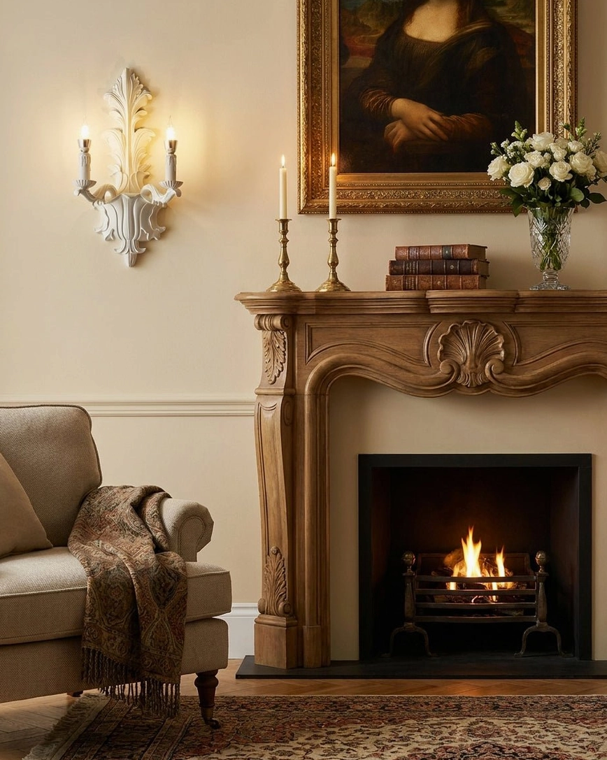 Baroque carved wall sconce beside fireplace mantel with oil painting and decorative florals