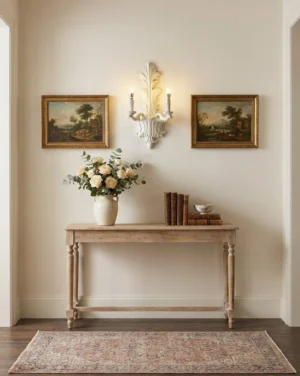 Pair of matte white baroque carved wall sconces flanking foyer console table with framed artwork and floral arrangement