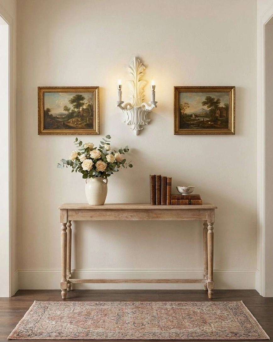 Pair of matte white baroque carved wall sconces flanking foyer console table with framed artwork and floral arrangement