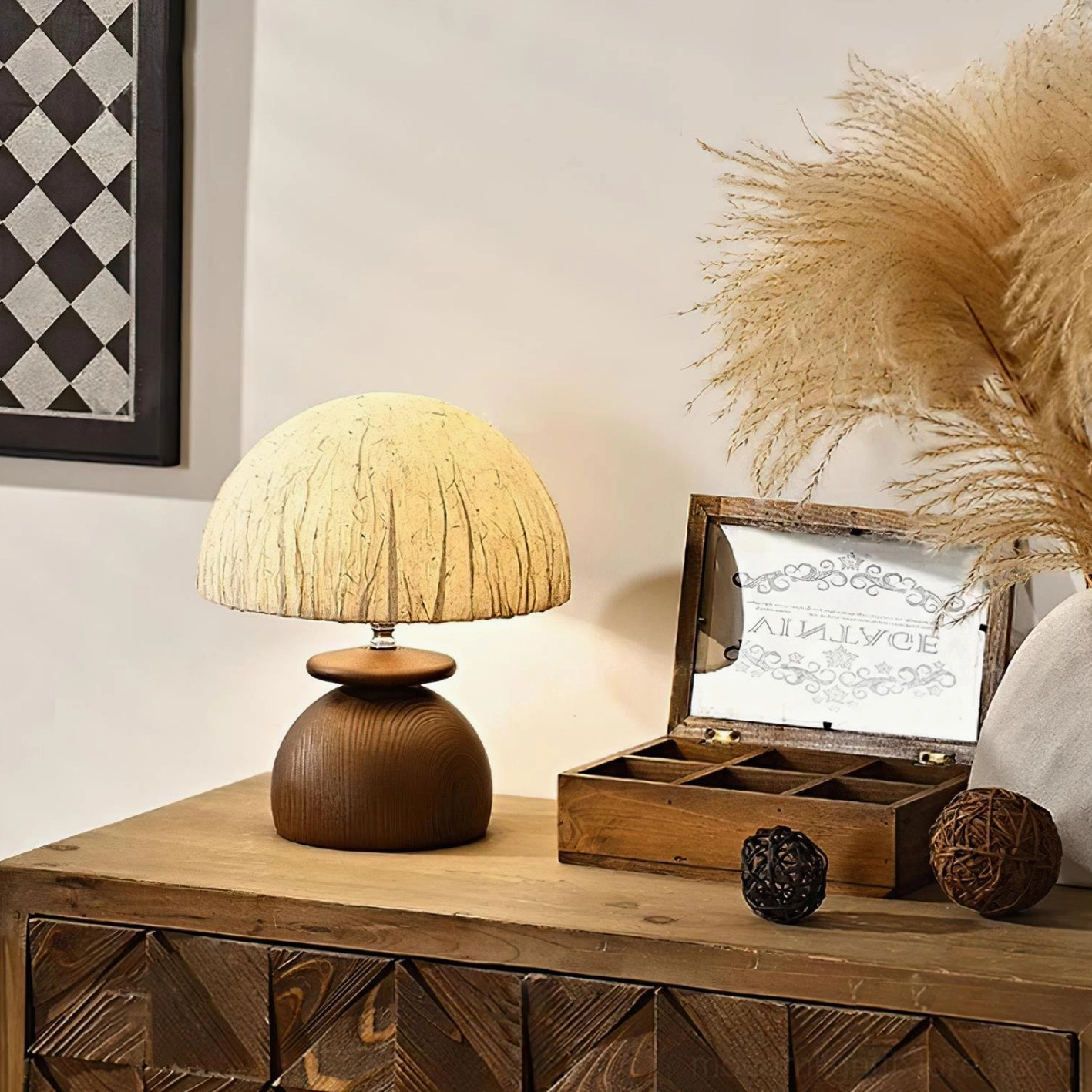 Close-up detail of Basira lamp showing textured paper shade and stacked wood base craftsmanship