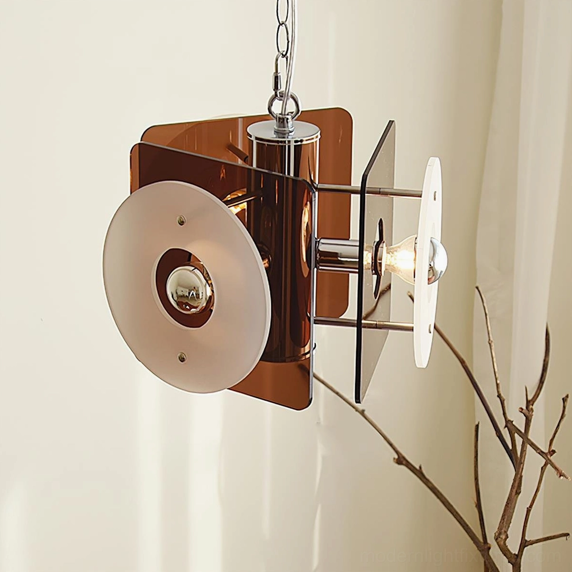Basira mid-century pendant light close-up detail of polished chrome metal frame and acrylic shade