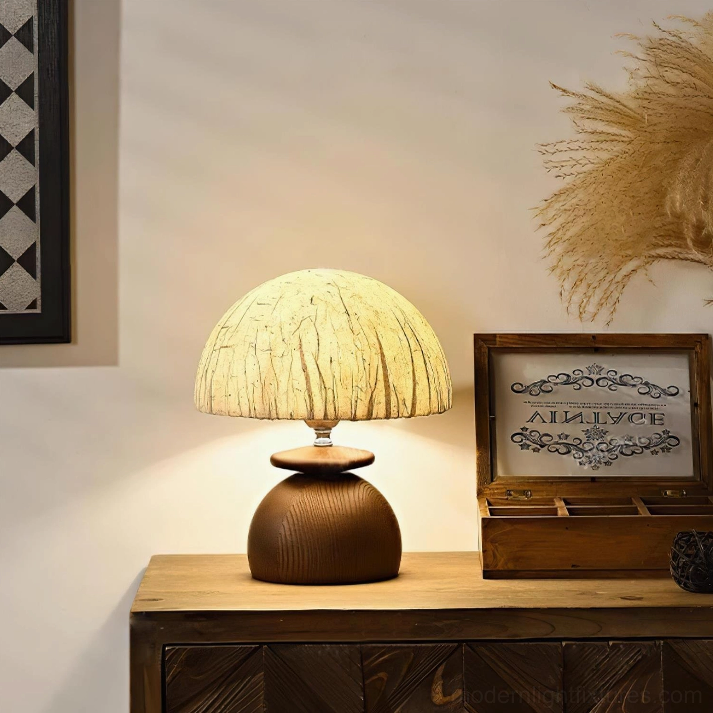 Basira modern table lamp with natural wood base and cream textured shade, stylized product showcase