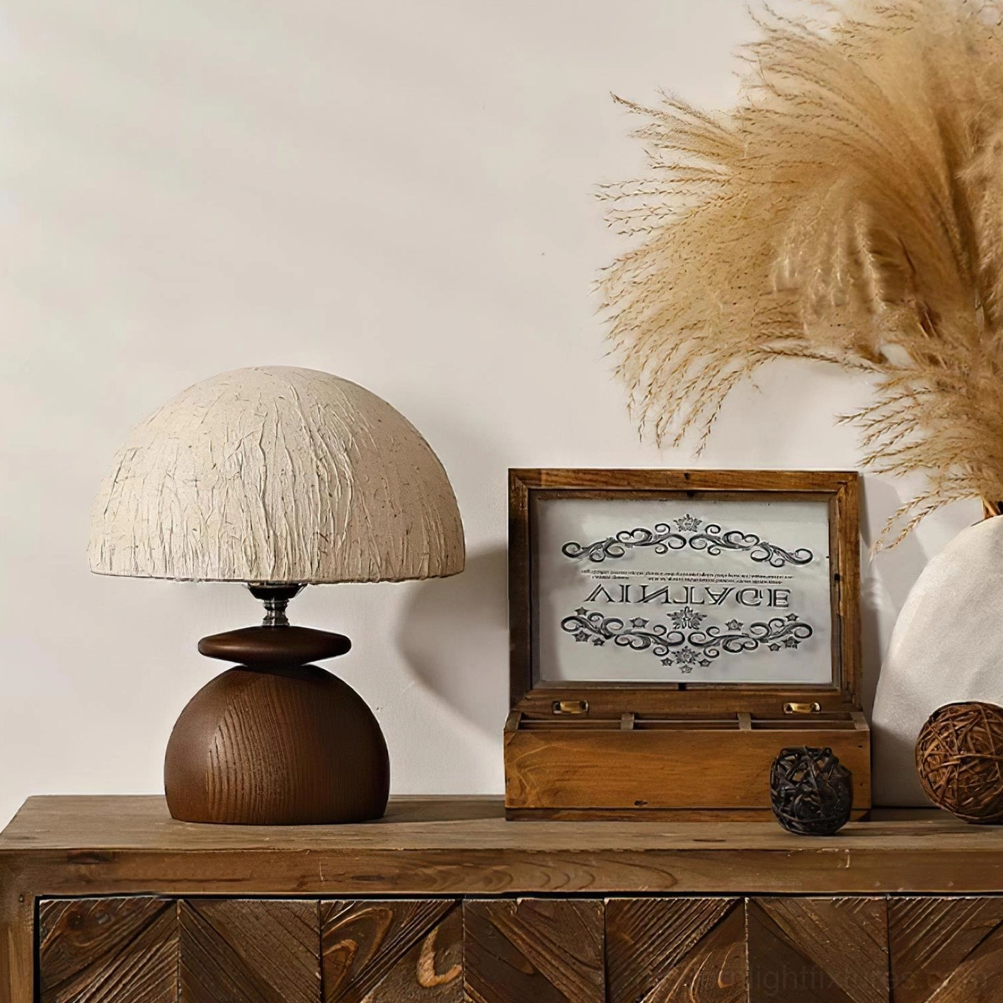 Unlit Basira table lamp on wooden surface with boho decorative elements and neutral color palette