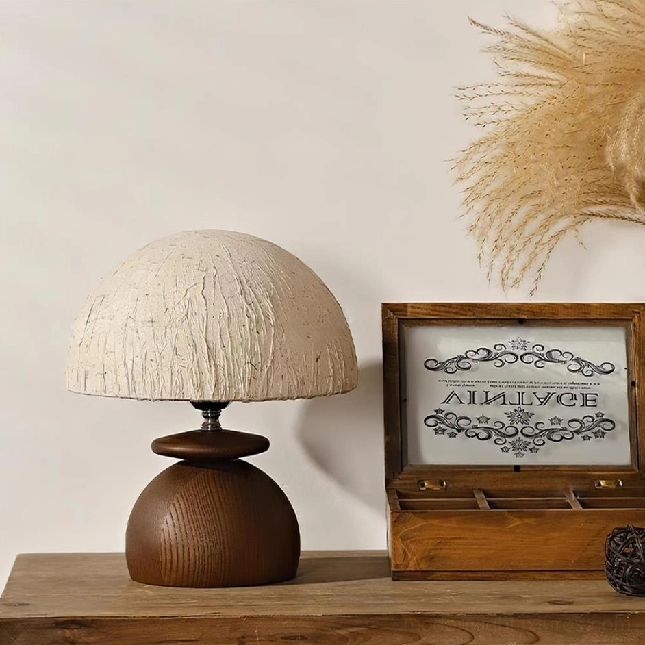Basira mushroom table lamp right side angle showing textured paper shade and natural wood construction