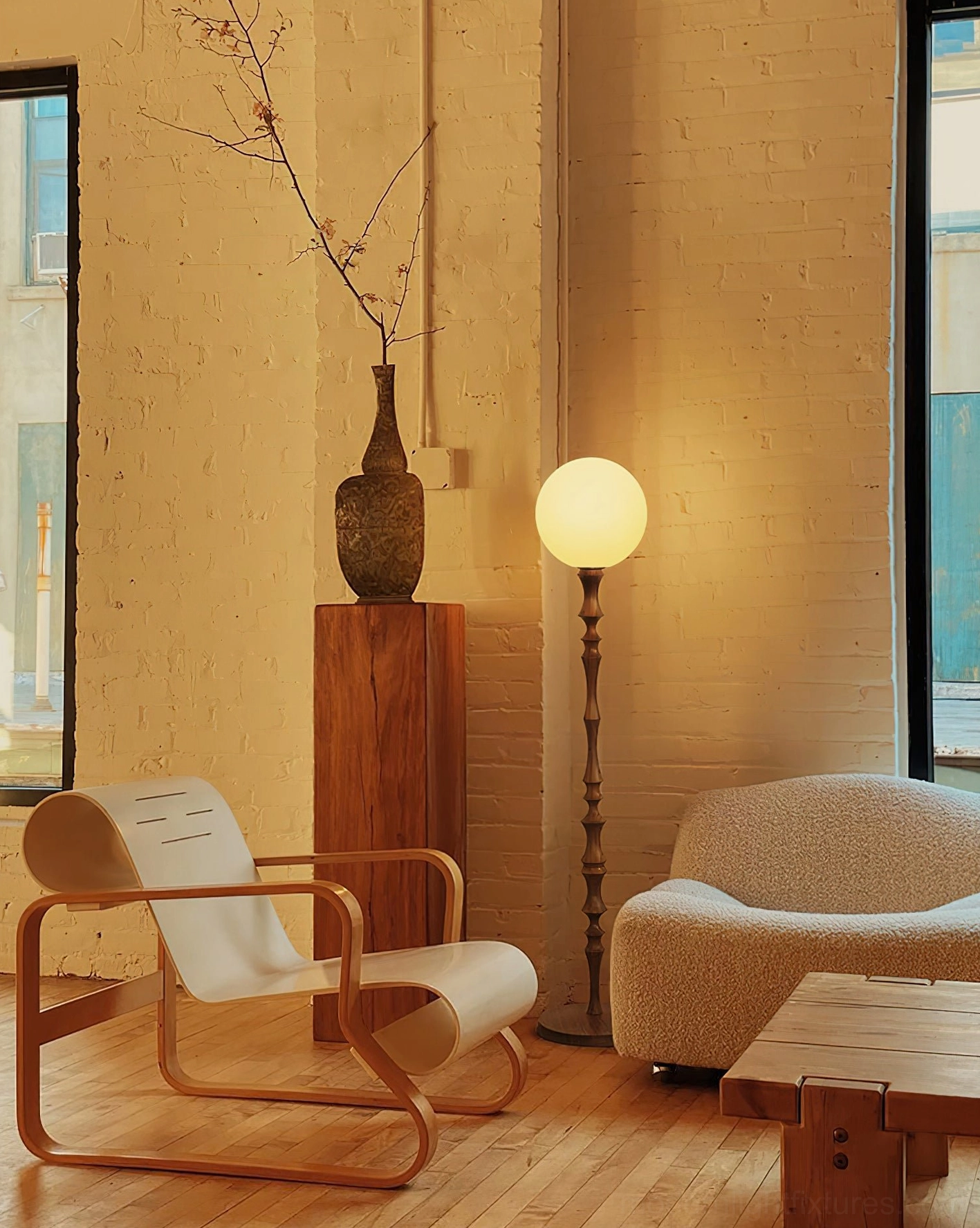 Brown carved wood Bastino floor lamp with spherical globe providing warm ambient lighting