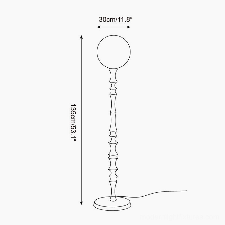 Technical schematic and dimensions of Bastino Model A floor lamp 30cm width 135cm height