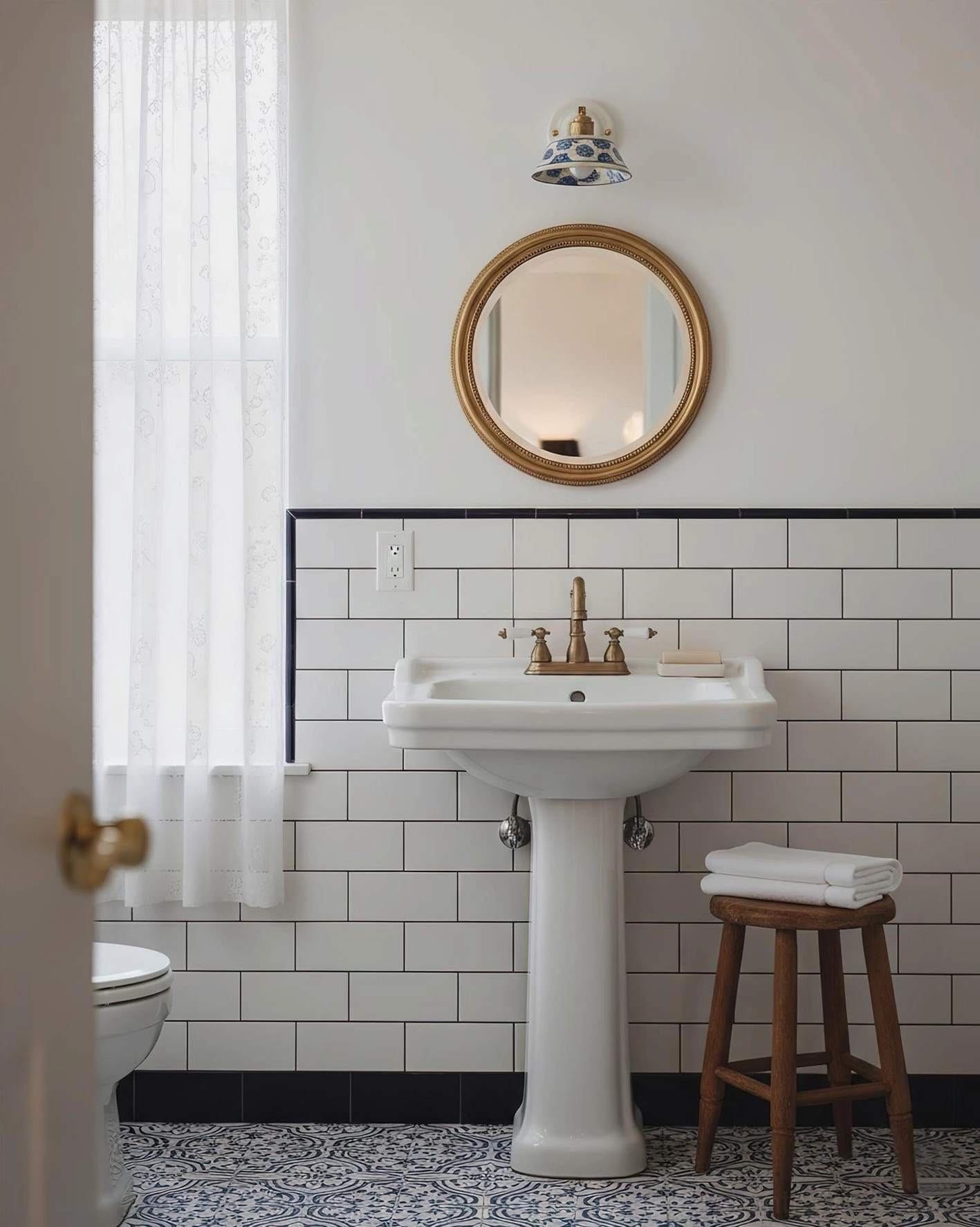 Damp-rated ceramic wall lamp above bathroom sink with vintage tile wall and gold mirror