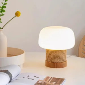Illuminated rechargeable table lamp on dining table with warm ambient lighting and magazine, portable LED lamp