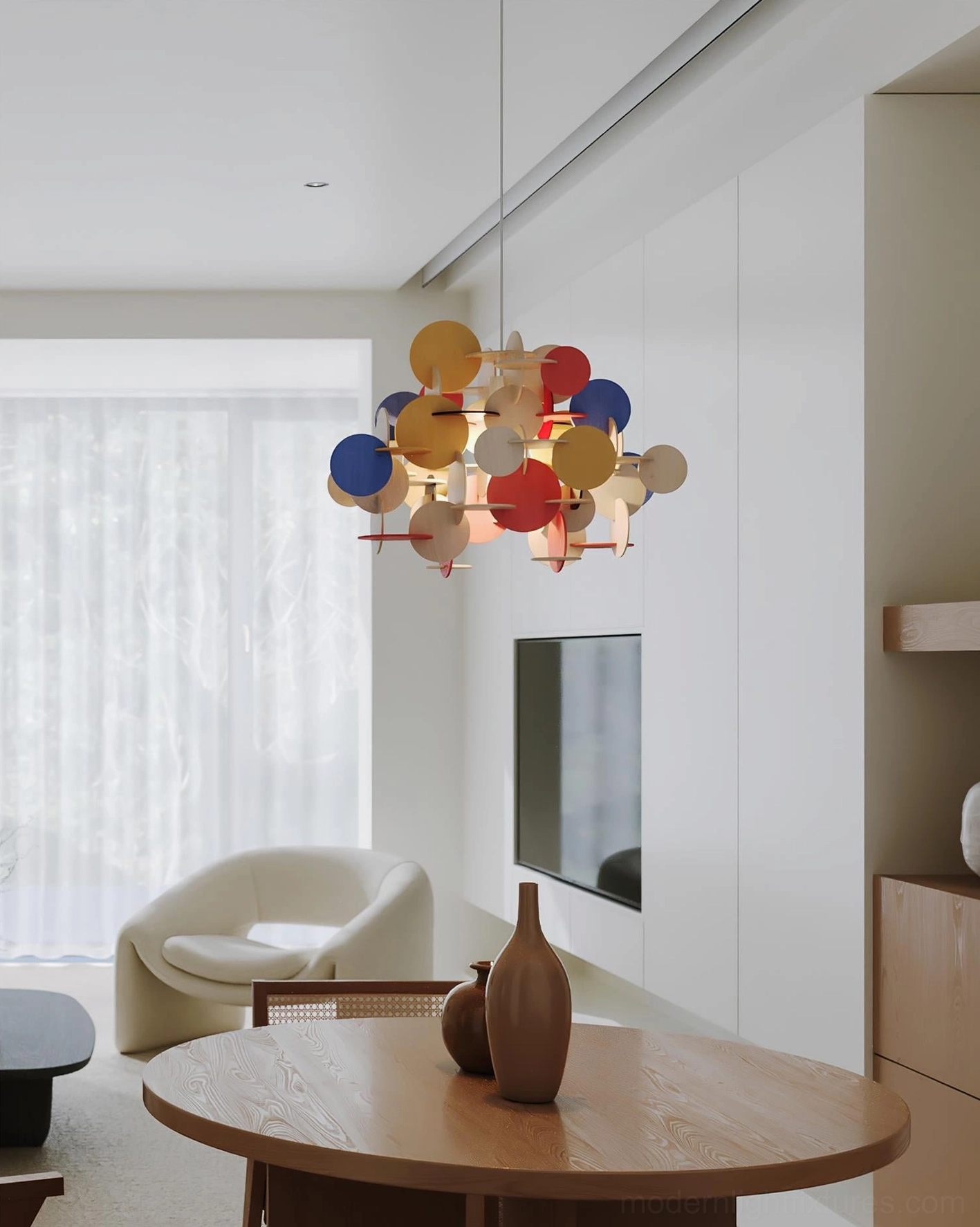 Bau colorful wooden disc pendant lamp artistic statement piece contemporary home lighting design