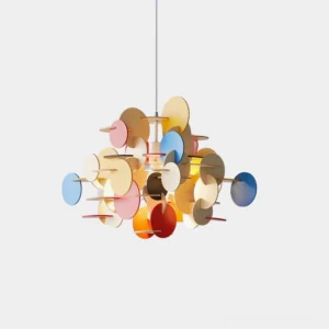 Bau colorful wooden disc pendant lamp front view studio shot with mixed warm and cool tone panels