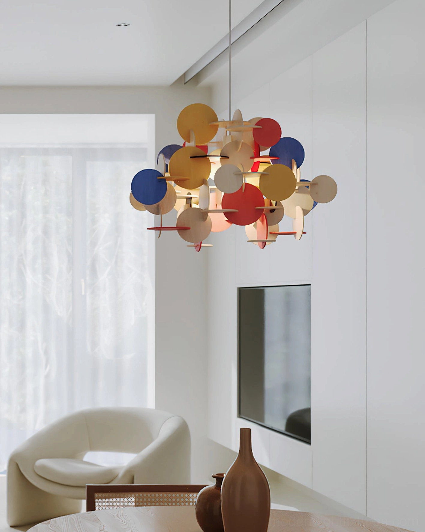 Bau colorful pendant lamp hanging above modern dining table in contemporary living room interior
