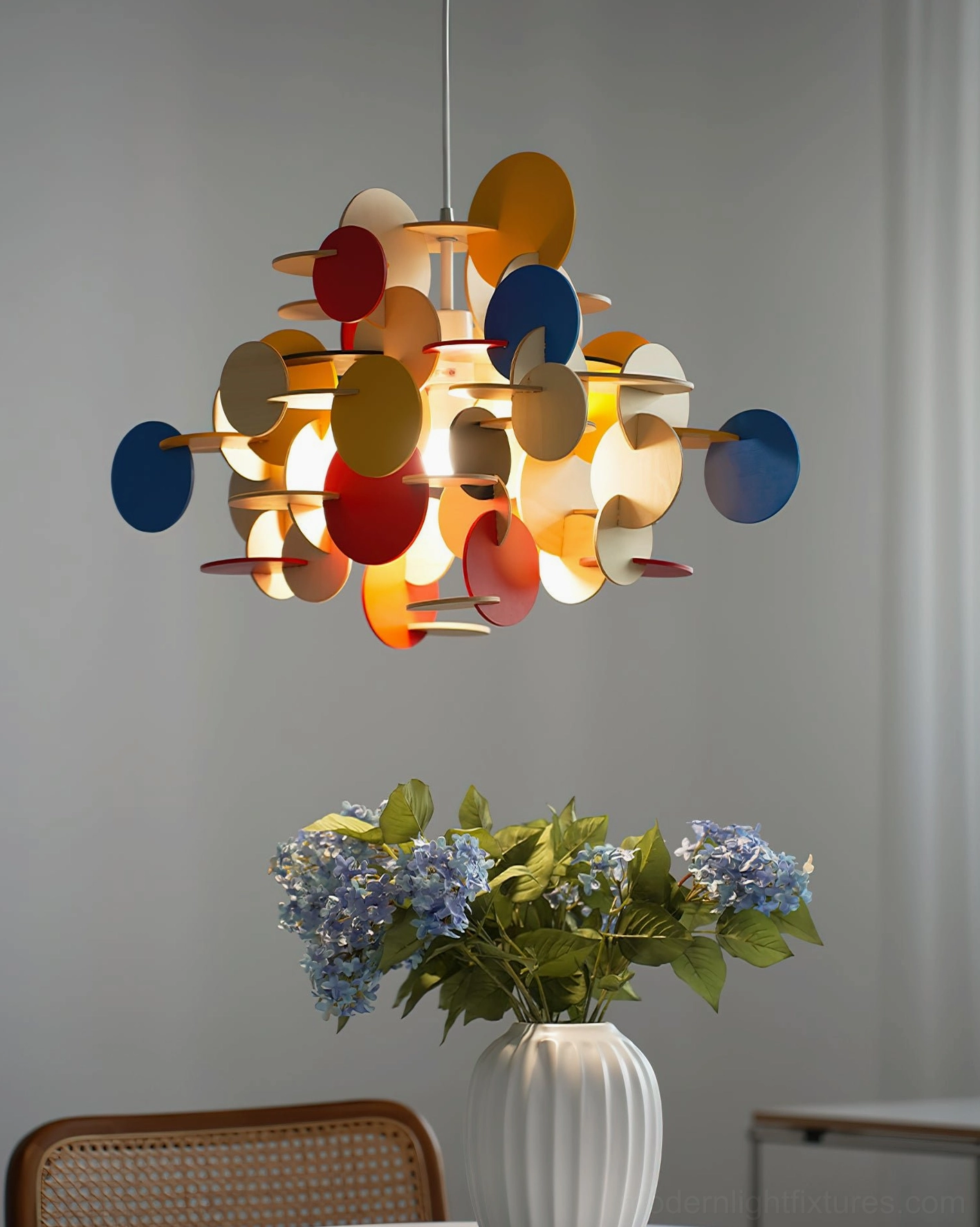Bau illuminated pendant lamp with flower vase decor in modern home corner setting