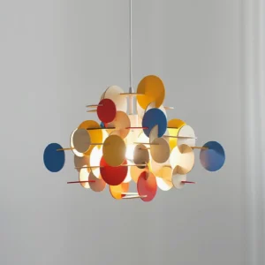 Bau geometric pendant light illuminated close-up showing overlapping wooden discs with matte finish