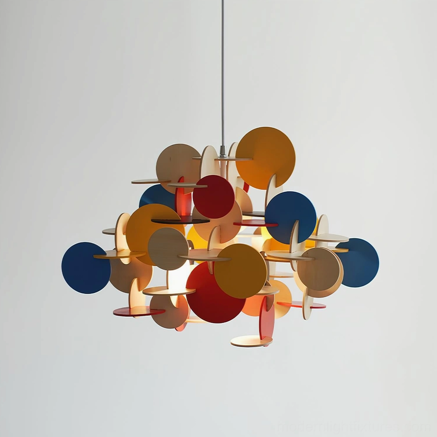 Bau colorful wooden disc pendant lamp front view with illuminated interior light and sleek suspension rod
