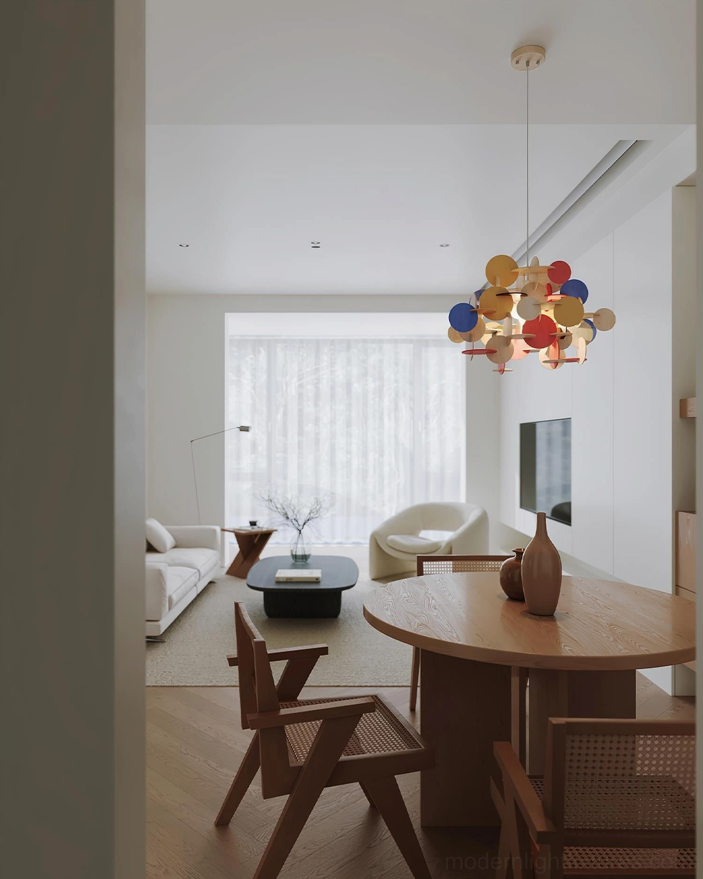 Bau colorful wooden disc pendant light modern minimalist interior with contemporary aesthetic