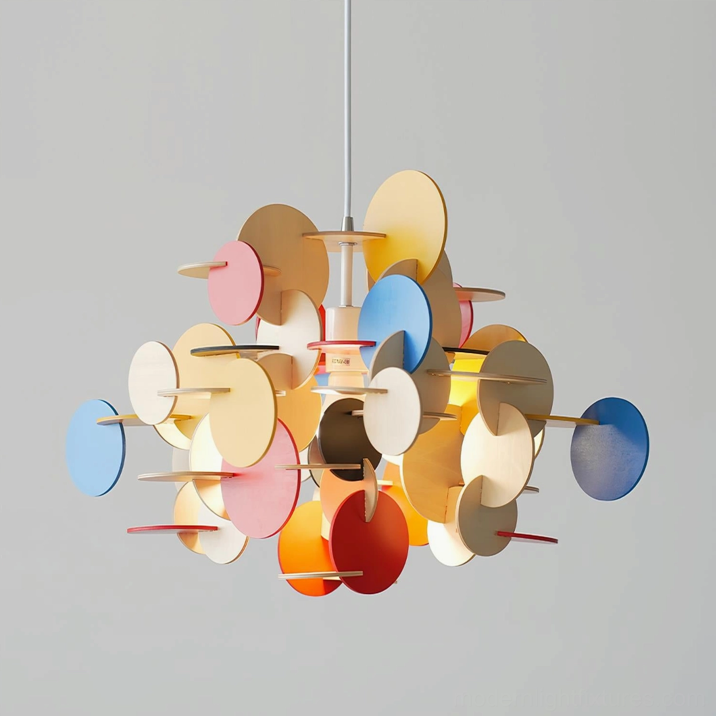 Bau pendant light colorful matte circular panels mixed warm and cool tone palette studio photography
