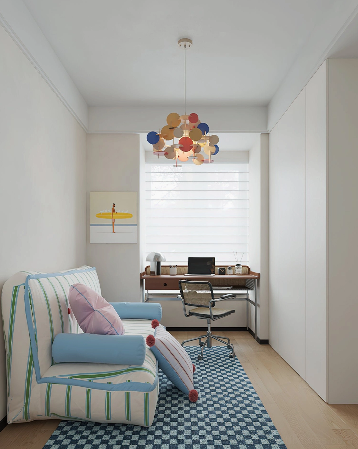 Bau wooden disc pendant light in home study with striped sofa and checkered rug décor