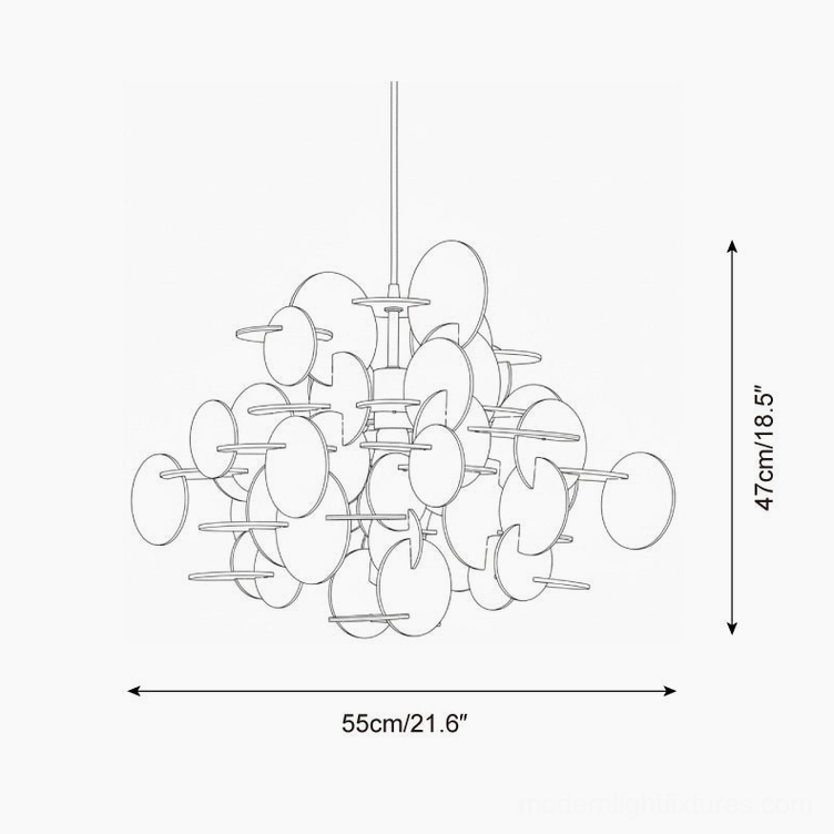 Bau pendant lamp technical line drawing showing dimensions 55cm diameter by 47cm height skeletal structure