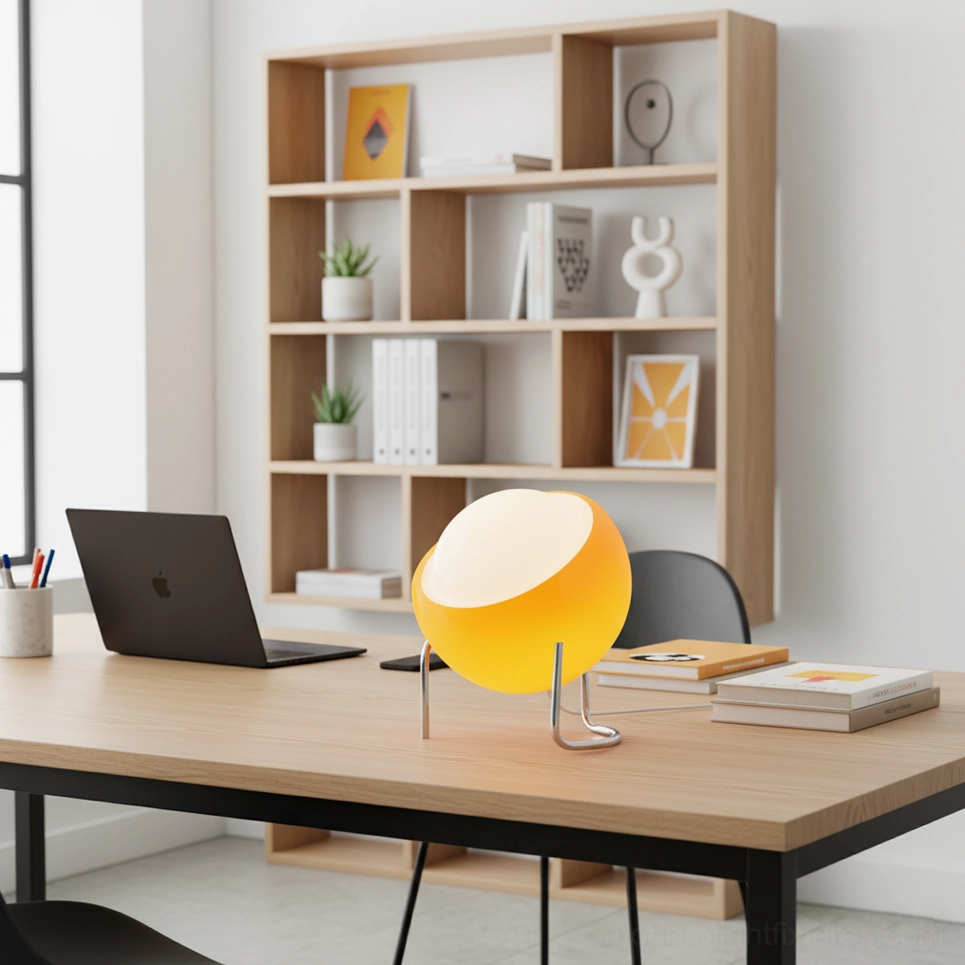 Bauhaus tilted sphere table lamp detail view showing curved chrome metal tripod legs and glass dome construction