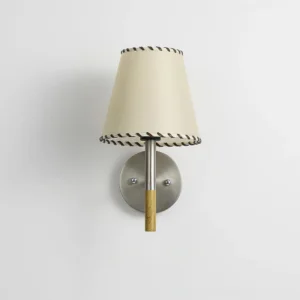 BC2 wall sconce showing brushed metal base with natural wood central rod and cream fabric lampshade