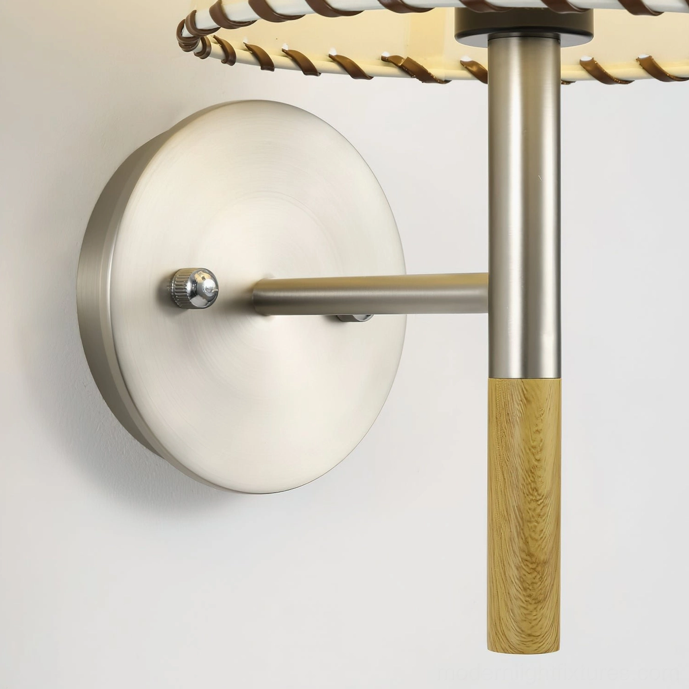 BC2 fabric wall sconce showing integrated design of metal framework wood accent and hand-stitched shade