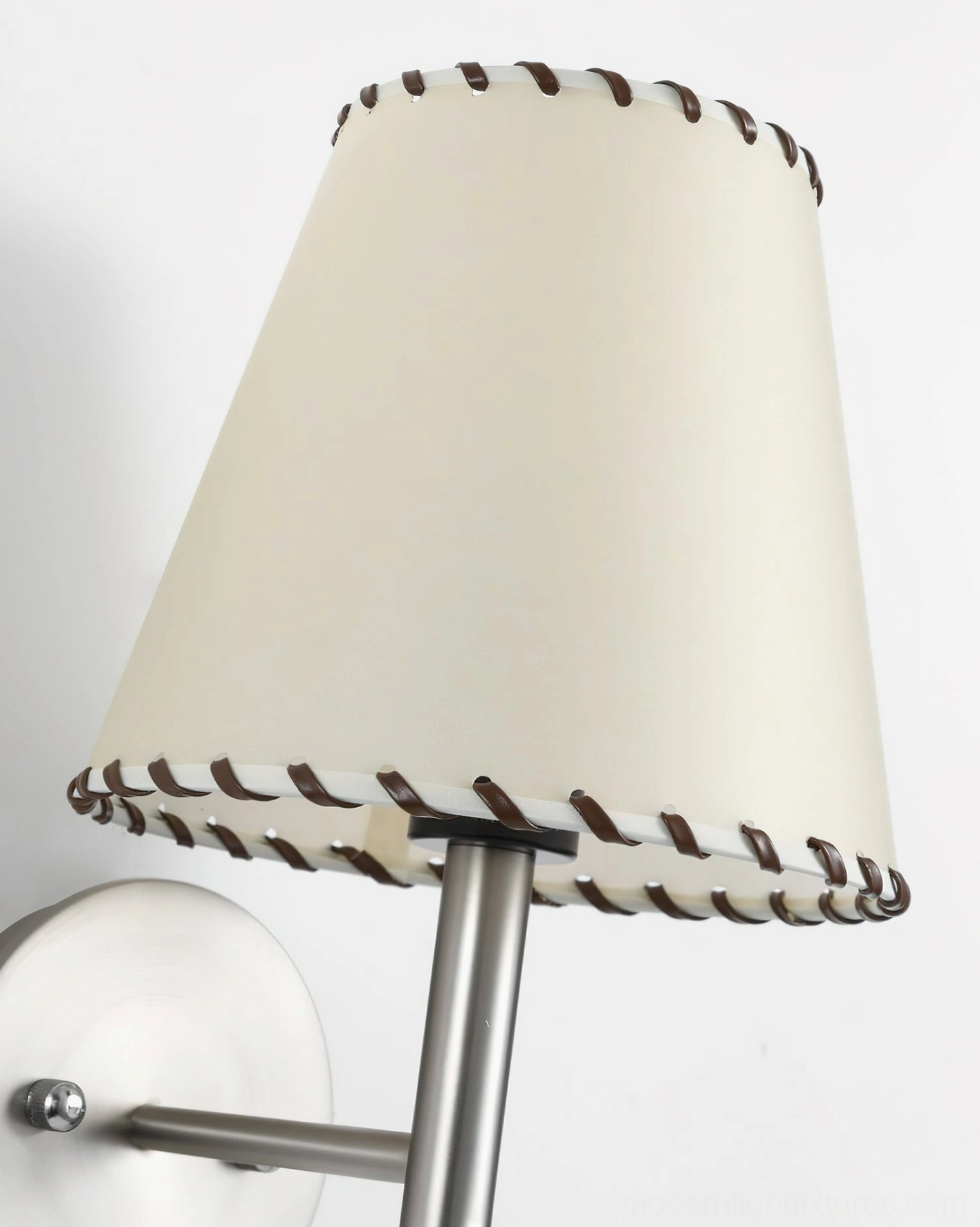 BC2 wall sconce fabric shade close-up detail with cream fabric and precision brown stitched edge trim
