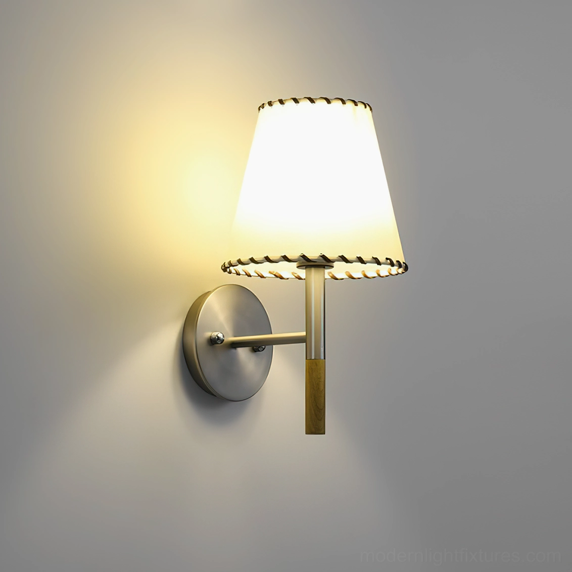 BC2 wall sconce side view displaying brushed metal mounting arm and natural wood vertical accent rod