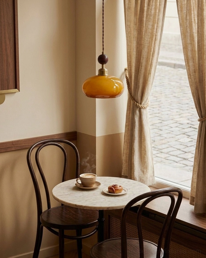 Bead pendant light in café-style dining space with linen curtains round table vintage warm aesthetic