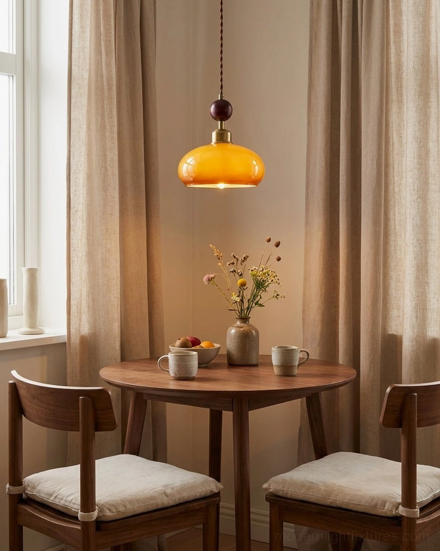 Bead pendant light suspended above wooden dining nook with warm ambient glow and neutral home decor