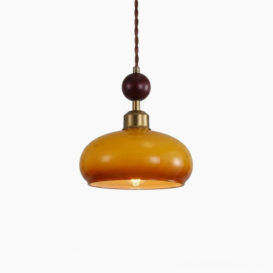 Bead pendant light walnut and caramel color finish warm brass mid-century aesthetic