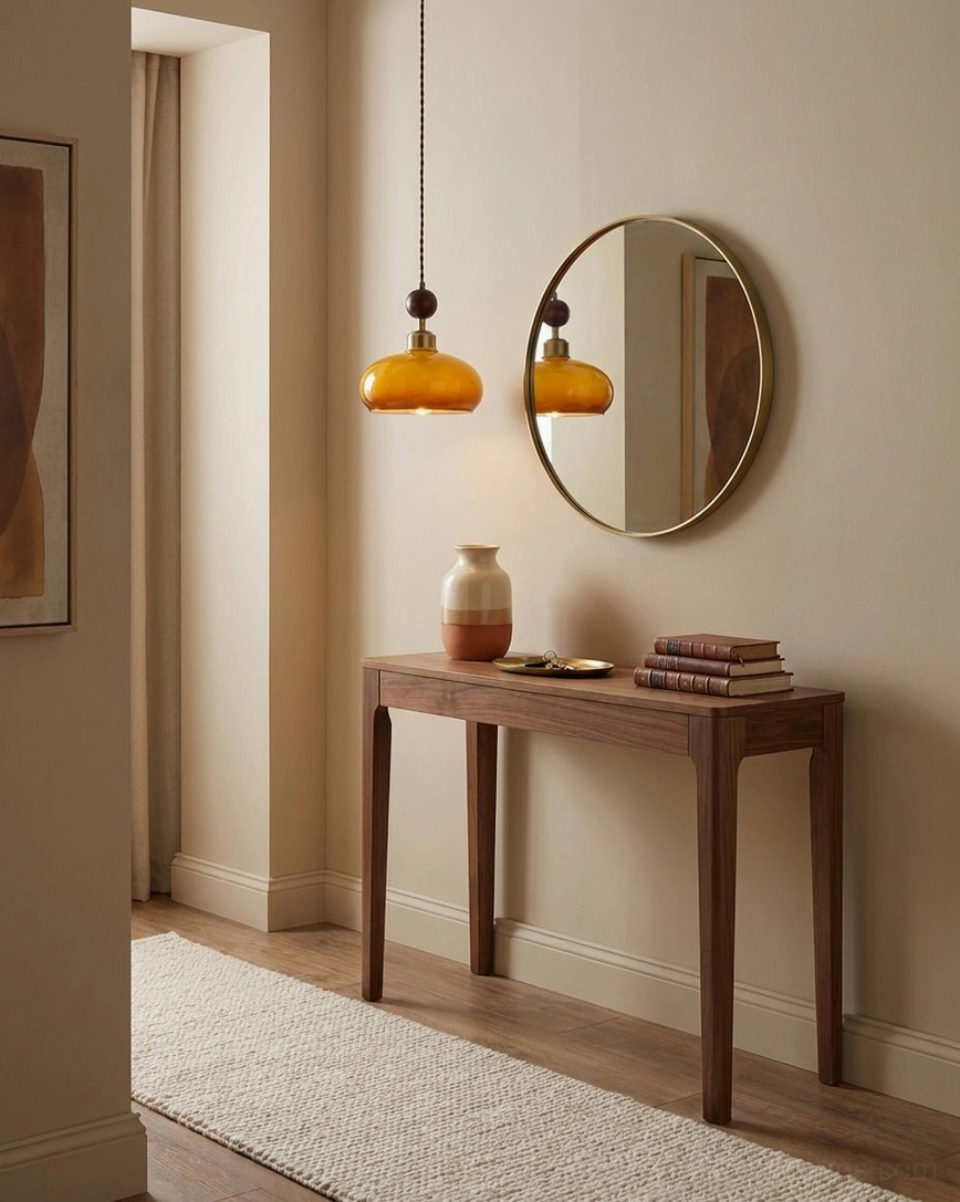 Pair of bead pendant lights over entryway console table with round mirror and matching warm glow