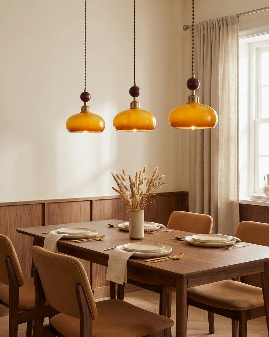 Three bead pendant lights formal dining room with wooden table retro warm mid-century modern style