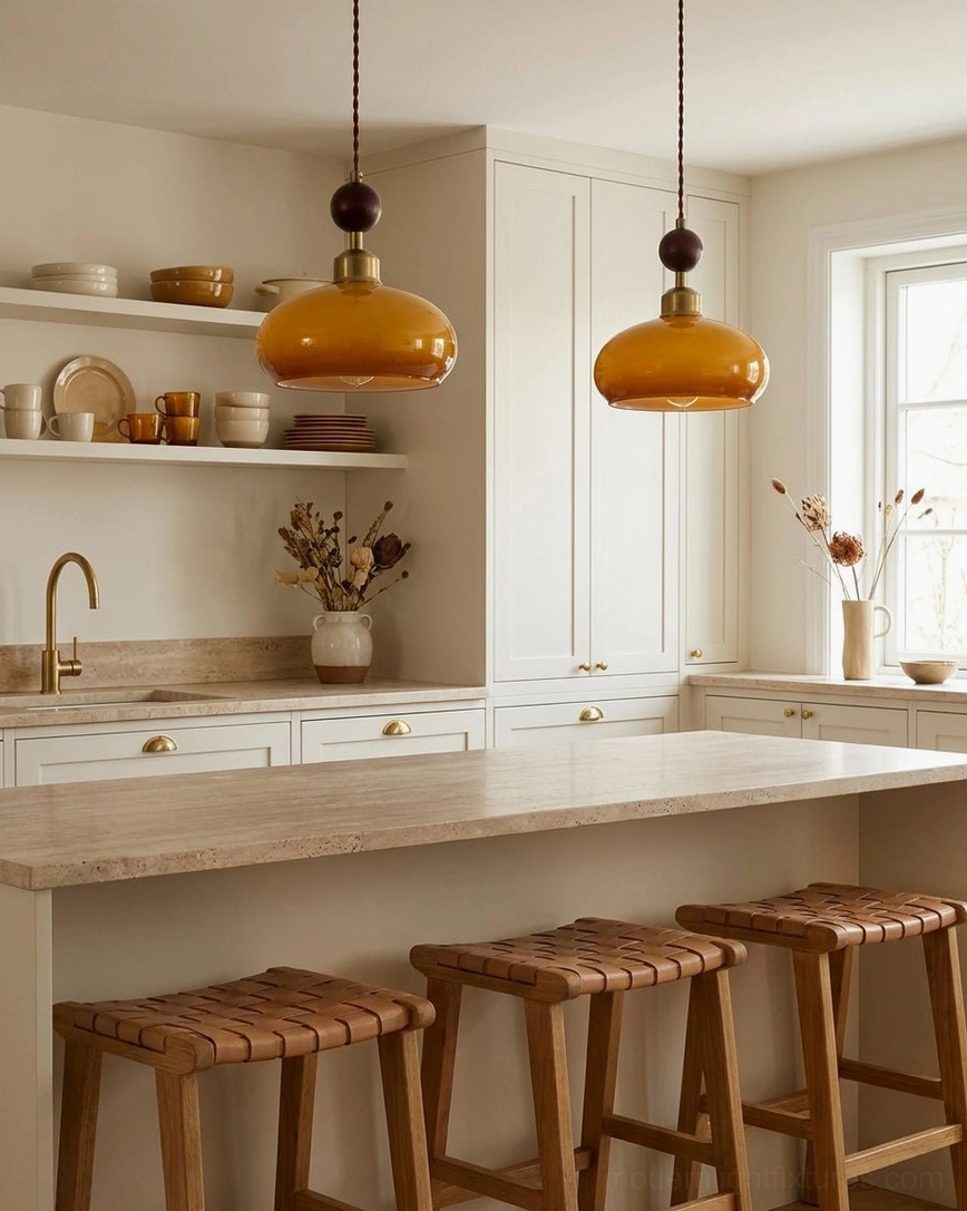 Bead pendant lights illuminating modern kitchen island with white cabinetry and woven stools farmhouse style