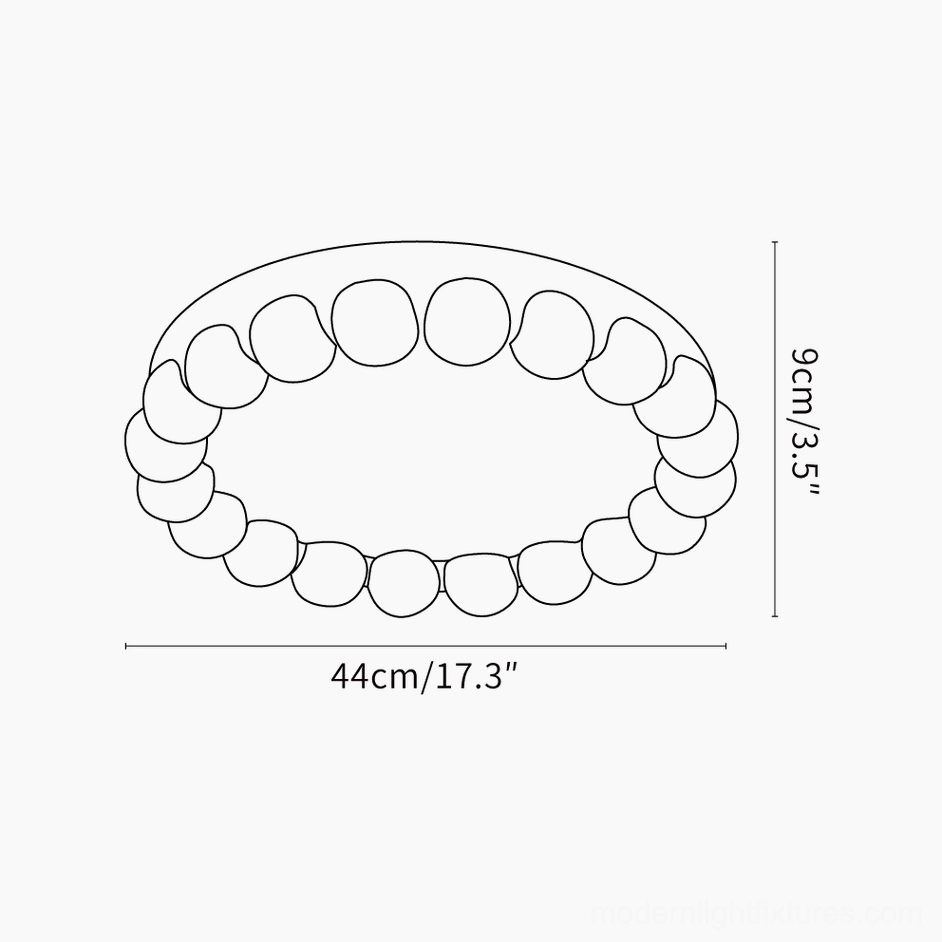 Technical dimension drawing of beaded ceiling light fixture showing 44cm diameter and 9cm height specifications