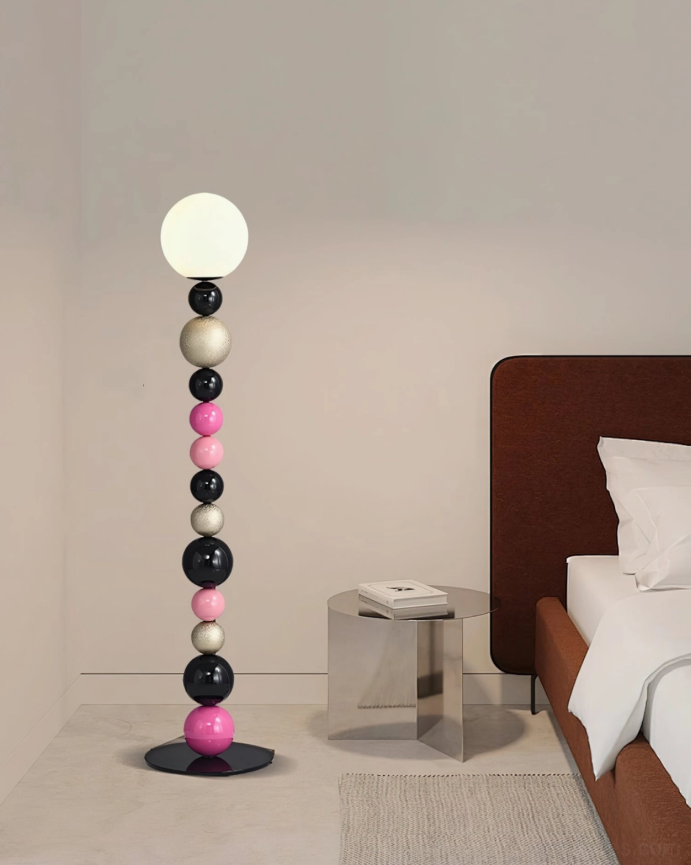 Multicolored bead floor lamp in bedroom setting, styled with brown bed and side table, contemporary interior lighting