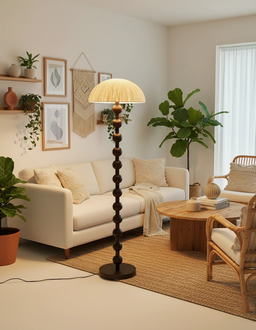 Beaded floor lamp in boho style living room warm neutral decor setting