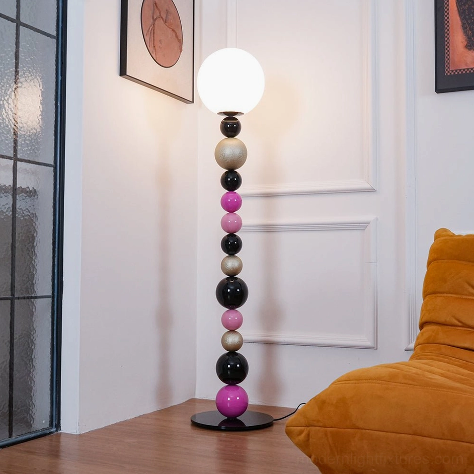 Multicolor beaded ball lamp detail showing sphere arrangement and metal construction, modern floor lamp craftsmanship